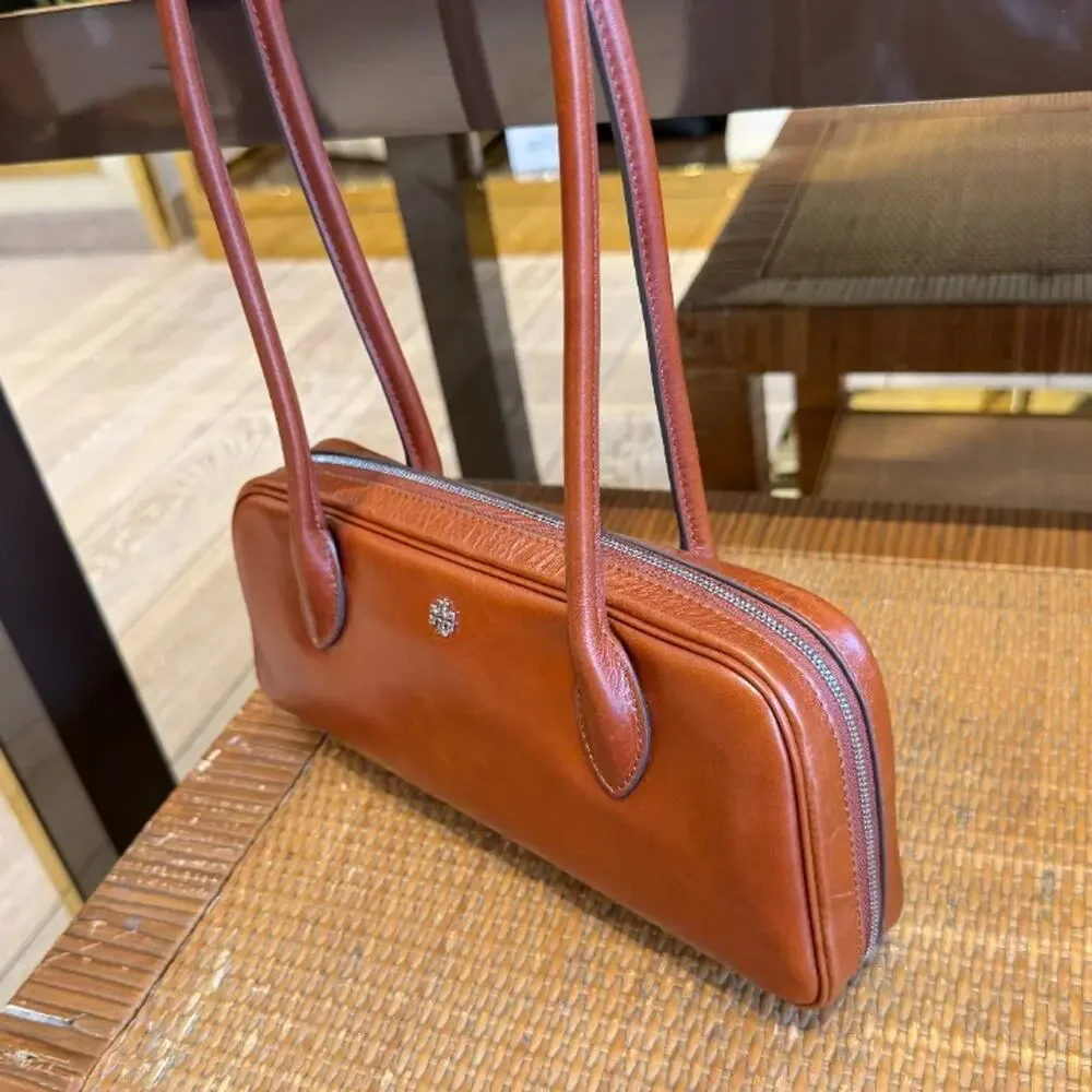 Tory Burch Rory Glazed Box Satchel 188220 $450 Aged Brown